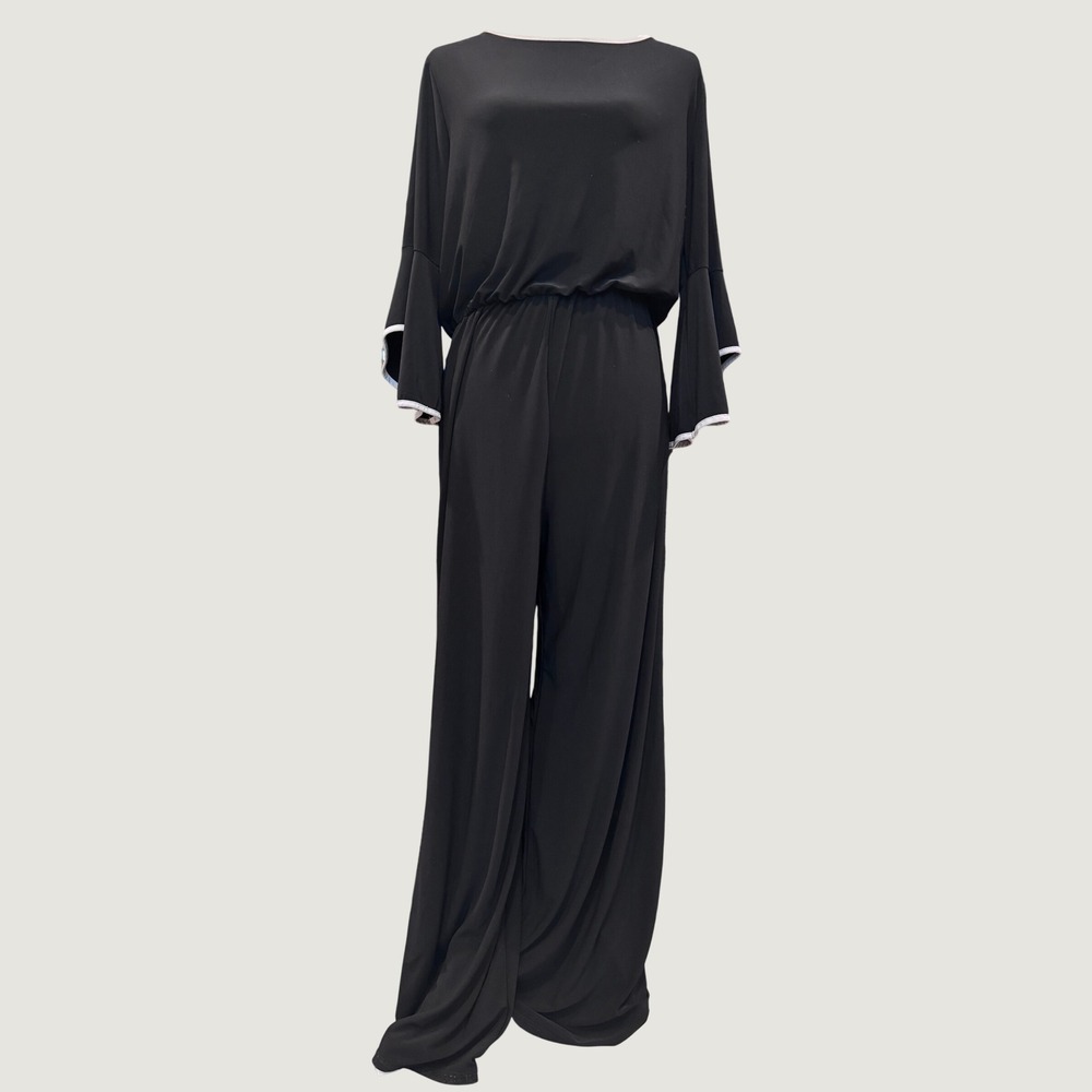 Tiana B Wide Leg Jumpsuit Womens L Black Bell Sleeve Contrast Trim Excellent